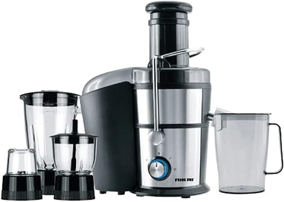 Nikai Food Processor 4in1 1000W 1.1L Glass Jar Juicer, Blender, Mixer, Mincer 2 Speeds - Black and Silver